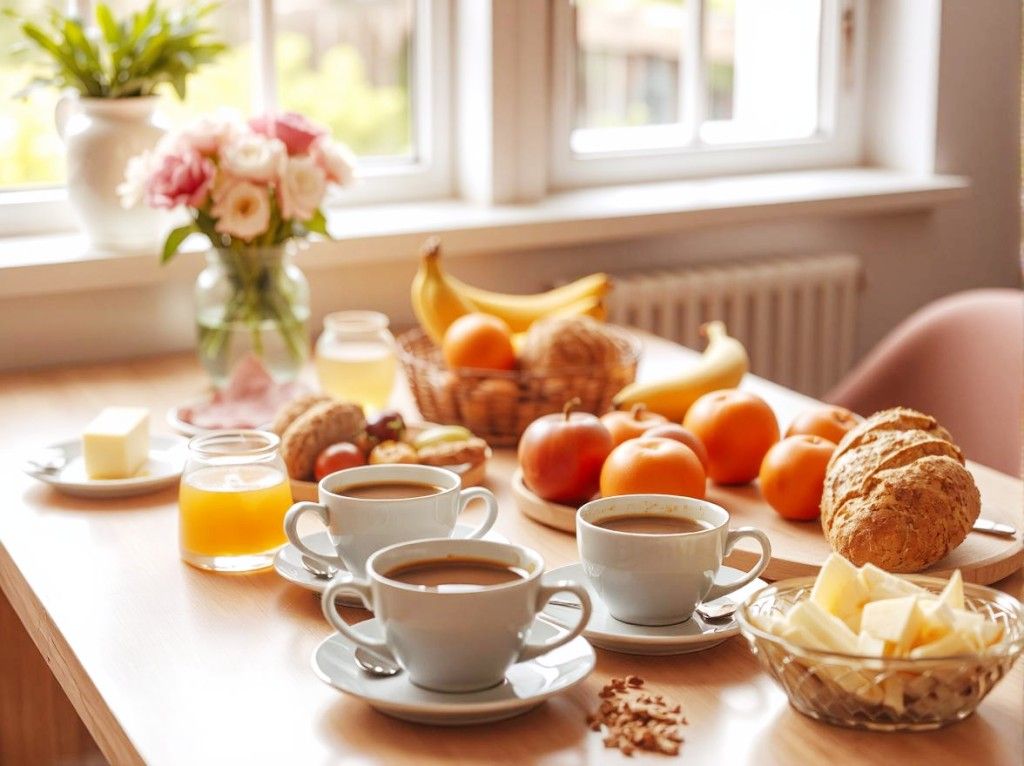 Frühstückstisch mit Kaffee und Obst